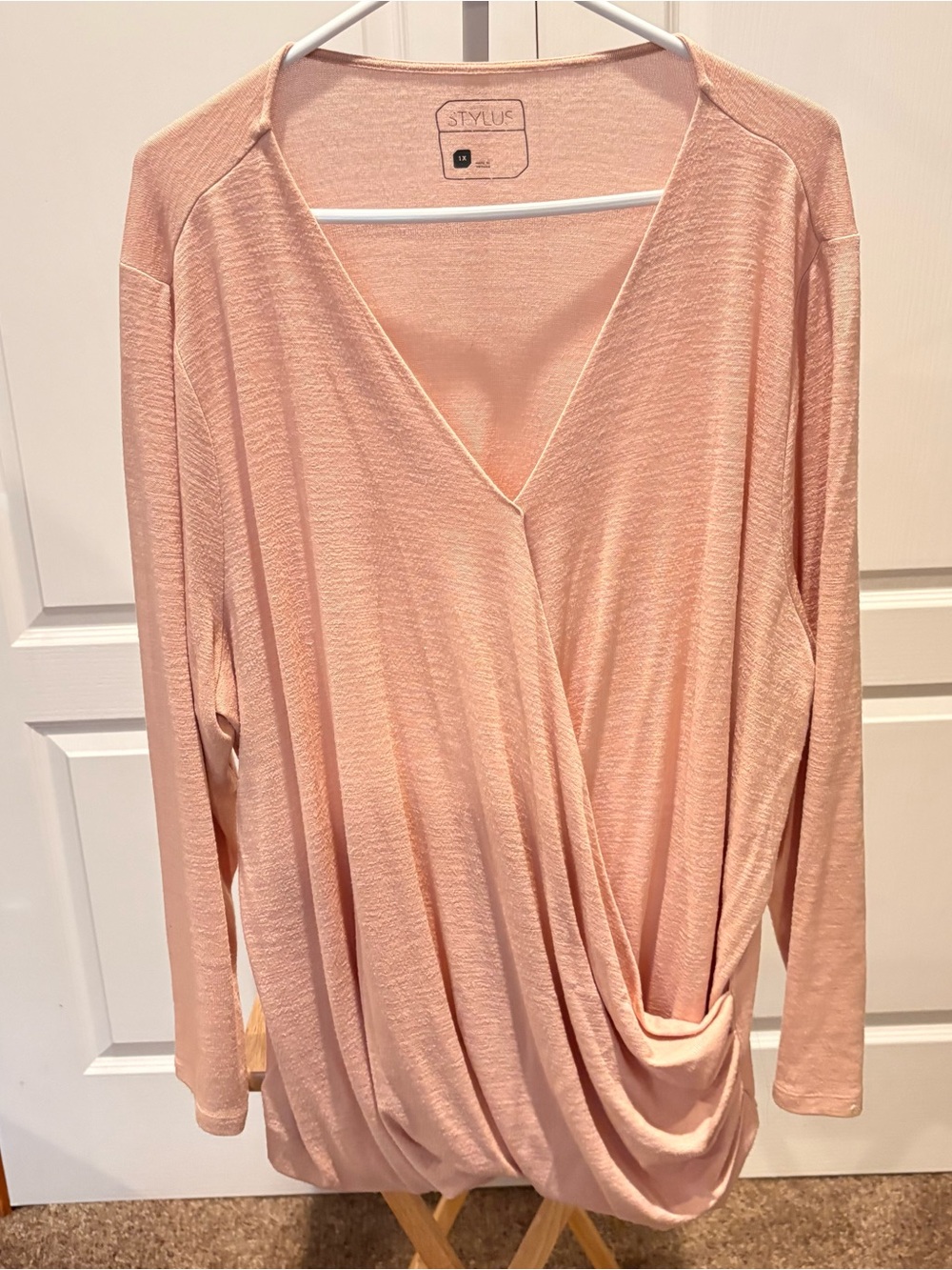 Stylus 1X Pink Faux Wrap V-Neck Long Sleeve Blouse Tunic Pocket